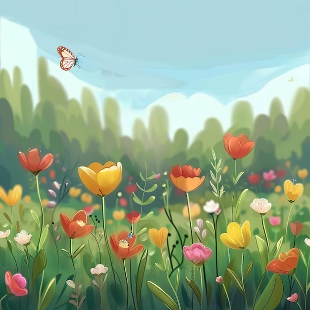 illustrazione di un bellissimo giardino sullo sfondo con fiori e farfalle nella stagione primaverile ai generato