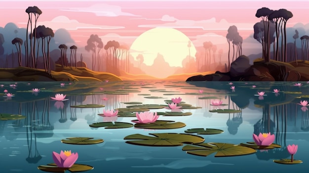 Illustrazione di un bellissimo lago con ninfee e un tramonto ai generativo