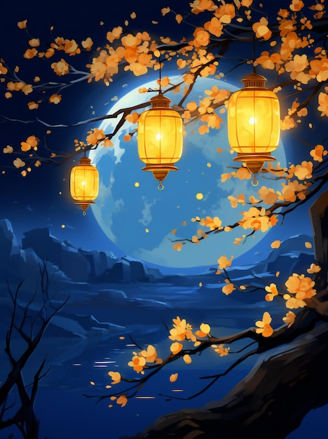 Illustrazione di un bellissimo paesaggio autunnale con la luna piena e le lanterne