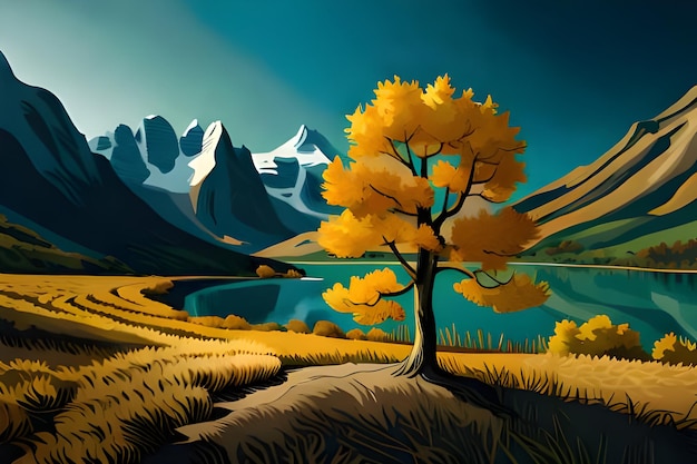 Illustrazione di un bellissimo paesaggio autunnale con un lago e montagne ai generative