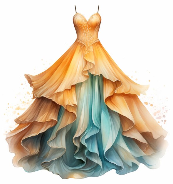 illustrazione di un bellissimo vestito con un ruffle su uno sfondo bianco generativo ai