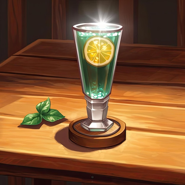 Illustrazione di un bicchiere da cocktail con una fetta di limone su un tavolo di legno