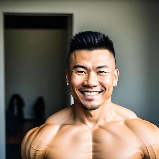 Illustrazione di un bodybuilder asiatico con i capelli alla moda che sorride