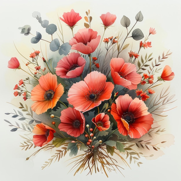 Illustrazione di un bouquet con fiori rosa e rossi in acquerello