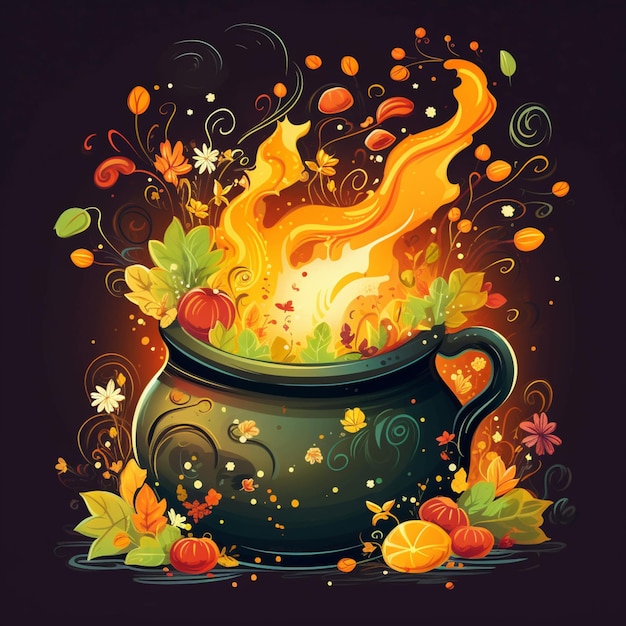 Illustrazione di un caldero con fuoco e foglie d'autunno generative ai