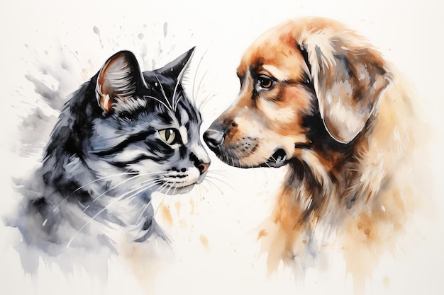 illustrazione di Un cane e un gatto si annusavano a vicenda con entusiasmo evidenziando Ai generativa