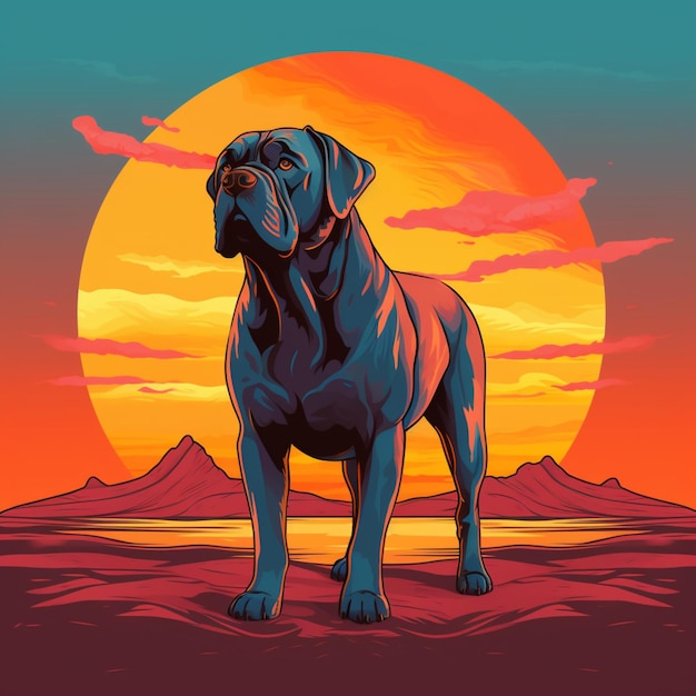 Illustrazione di un cane in piedi davanti a un tramonto ai generativo