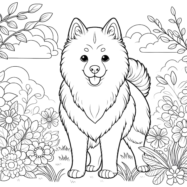 Illustrazione di un cane per colorare la pagina del libro sfondo primaverile scheda da colorare per bambini