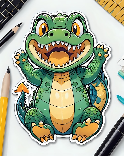 Illustrazione di un carino adesivo Alligator con colori vivaci e un'espressione giocosa