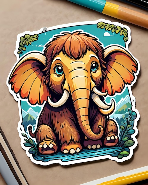 Illustrazione di un carino adesivo di mammut con colori vivaci e un'espressione giocosa