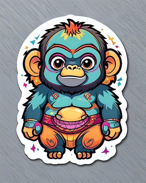 Illustrazione di un carino adesivo Gorilla con colori vivaci e un'espressione giocosa