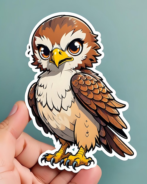 Illustrazione di un carino adesivo Hawk con colori vivaci e un'espressione giocosa