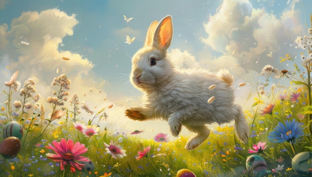 Illustrazione di un carino coniglietto di Pasqua che salta tra le colorate uova di Pasqua su un prato verde