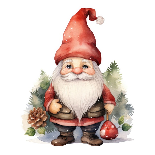 Illustrazione di un carino gnomo natalizio ad acquerello con un berretto rosso su uno sfondo bianco