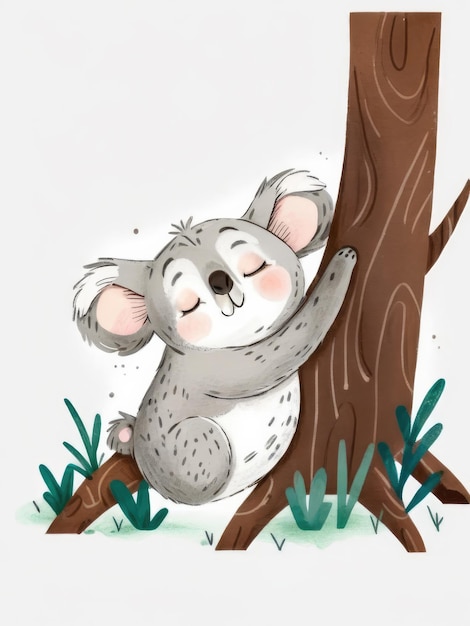 Illustrazione di un carino koala seduto pacificamente tra le foglie di eucalipto su uno sfondo bianco