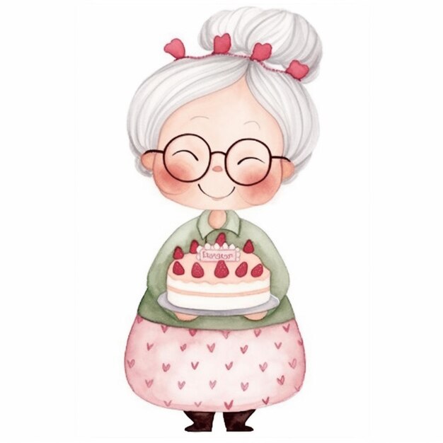 illustrazione di un cartone animato di una donna che tiene una torta con fragole su di essa generativa ai