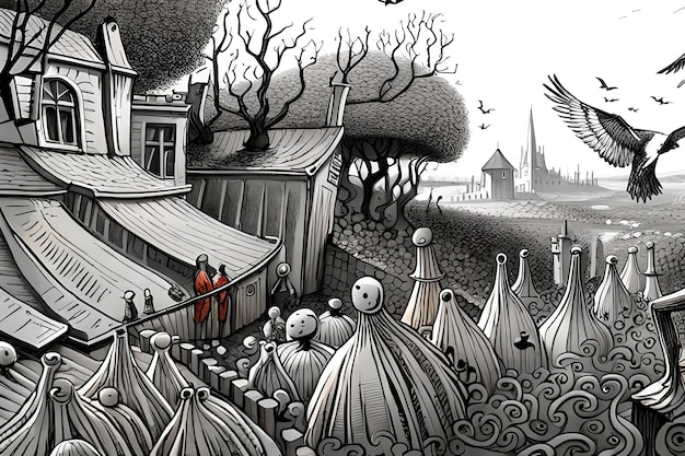 Illustrazione di un castello d'orrore gotico che assomiglia a qualcosa tratto da un libro illustrato