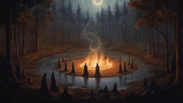 Illustrazione di un cerchio di donne con cappelli da streghe e lunghi mantelli al centro del cerchio c'è un grande fuoco nella foresta una luna piena