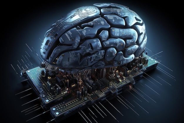 Illustrazione di un cervello metallico su un microchip un concetto di intelligenza artificiale
