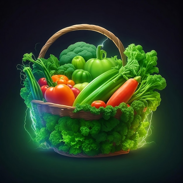 Illustrazione di un cesto di diversi tipi di verdure con sfondo nero