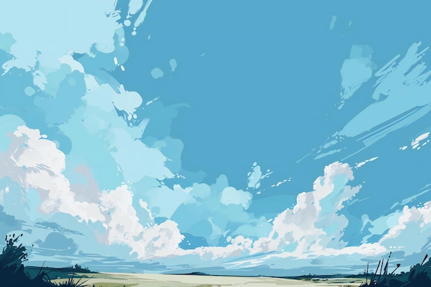 Illustrazione di un cielo blu con nuvole e prato sullo sfondo