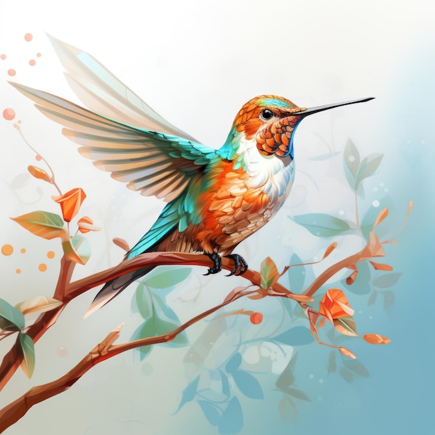 Illustrazione di un colorato colibrì rufo volante appoggiato su un ramo parzialmente creato