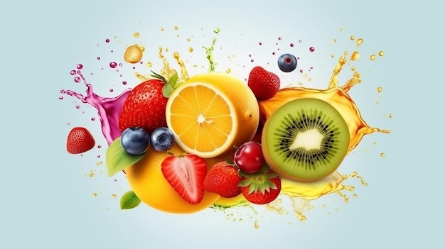 Illustrazione di un colorato di frutta galleggiante e spruzzata di succo nei colori dell'arcobaleno