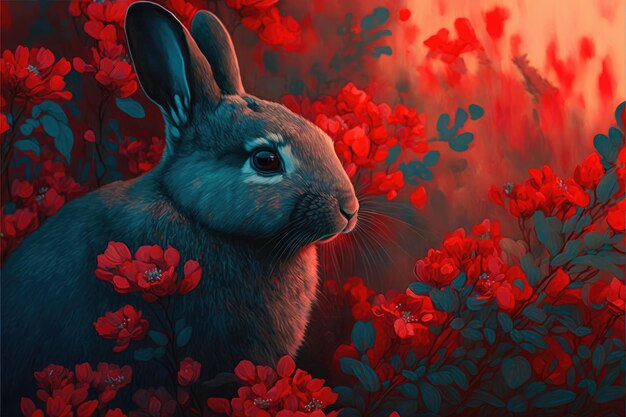 Illustrazione di un coniglio marrone tra fiori rossi Colori scuri IA generativa