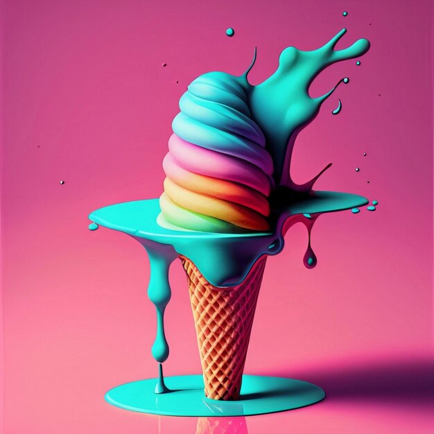 Illustrazione di un cono gelato colorato che si sta sciogliendo su una rosa e uno sfondo