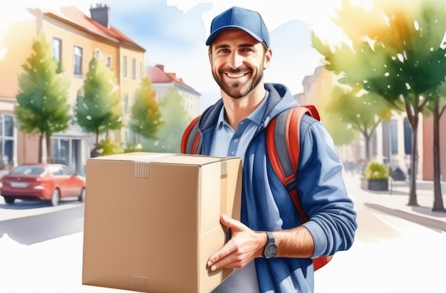 illustrazione di un consegnatore caucasico con il berretto che sorride e tiene in mano un pacco mentre cammina per la strada della città