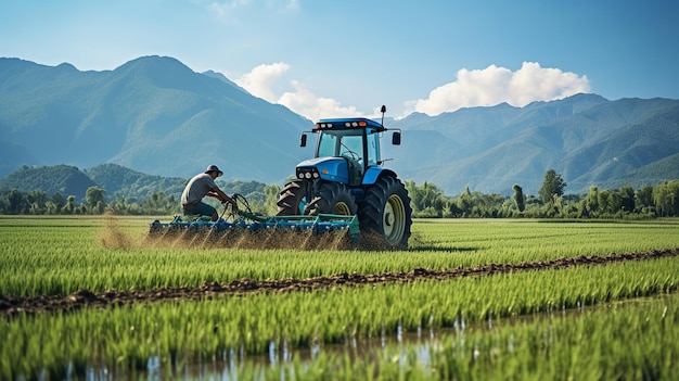 illustrazione di un contadino che sta arando il campo con un trattore sullo sfondo