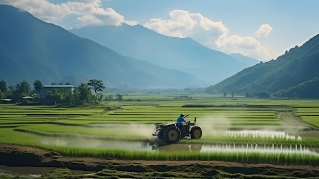 illustrazione di un contadino che sta arando il campo con un trattore sullo sfondo