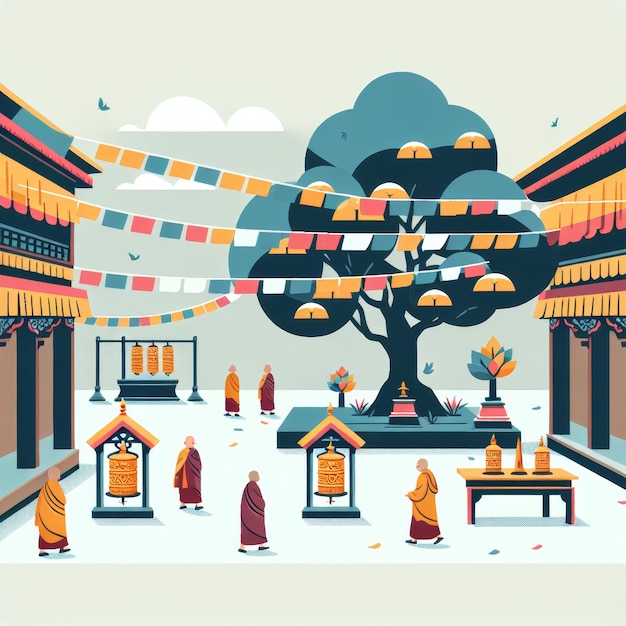 illustrazione di un cortile pacifico all'interno di un tempio nepalese con un albero Bodhi che fluttua