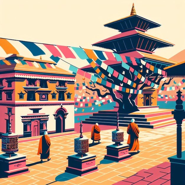 illustrazione di un cortile pacifico all'interno di un tempio nepalese con un albero Bodhi che fluttua