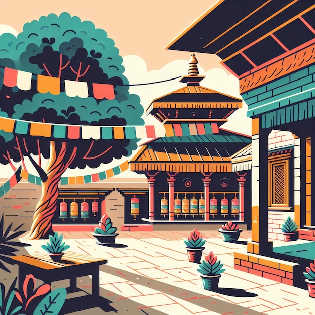 illustrazione di un cortile pacifico all'interno di un tempio nepalese con un albero Bodhi che fluttua