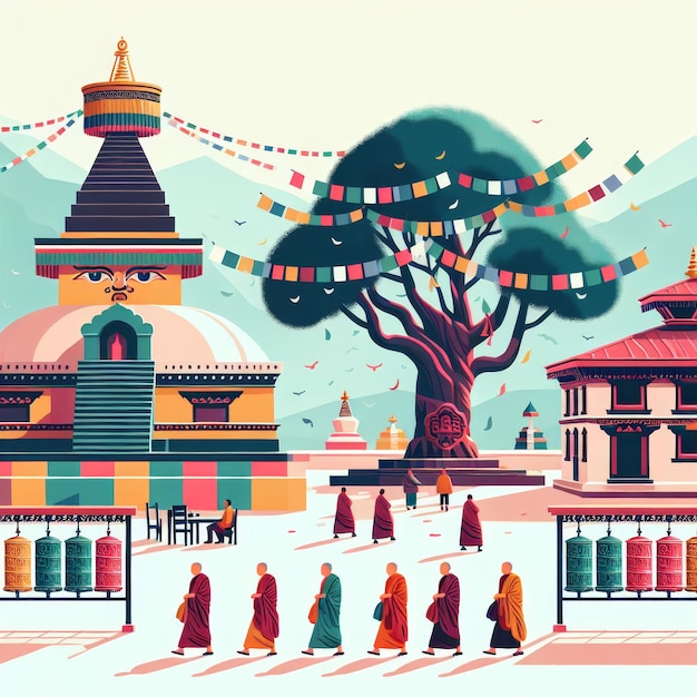 illustrazione di un cortile pacifico all'interno di un tempio nepalese con un albero Bodhi che fluttua