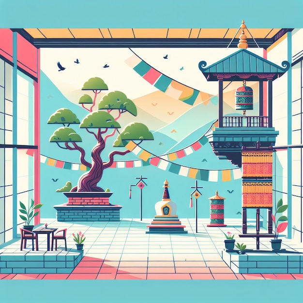 illustrazione di un cortile pacifico all'interno di un tempio nepalese con un albero Bodhi che fluttua