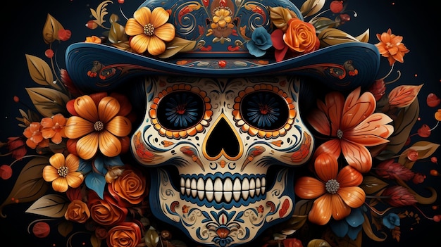 Illustrazione di un cranio con sombrero decorato con colori e fiori