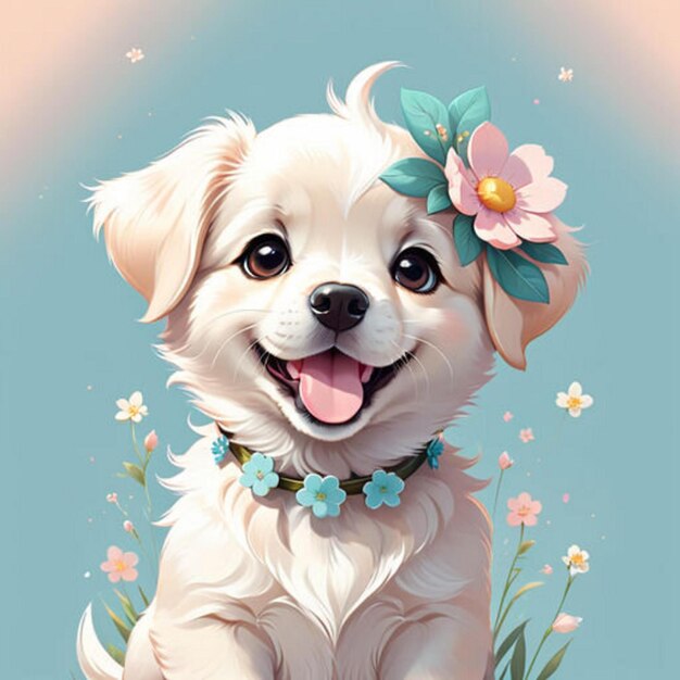 Illustrazione di un cucciolo carino e divertente in fiori in stile kawaii