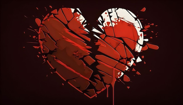 Illustrazione di un cuore rosso spaccato su uno sfondo nero che scorre sangue Cuore come simbolo di affetto e amore