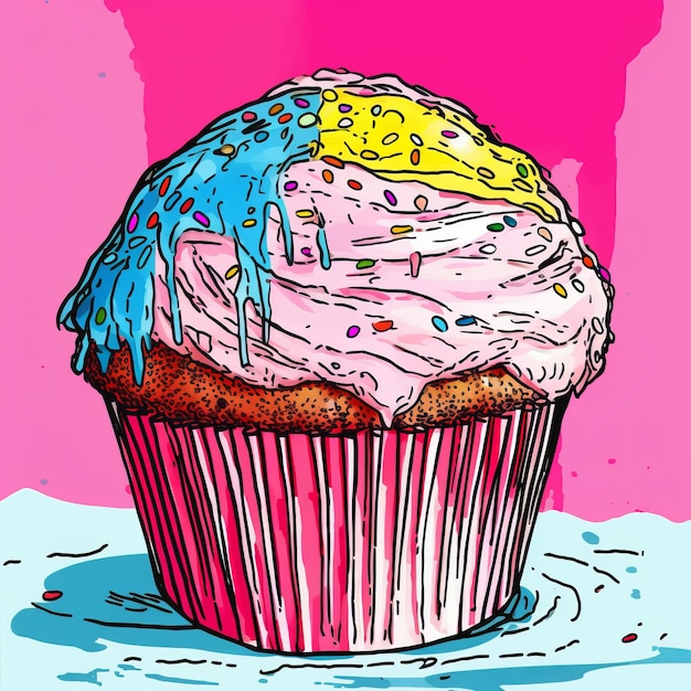 Illustrazione di un cupcake con glassa rosa e confettini