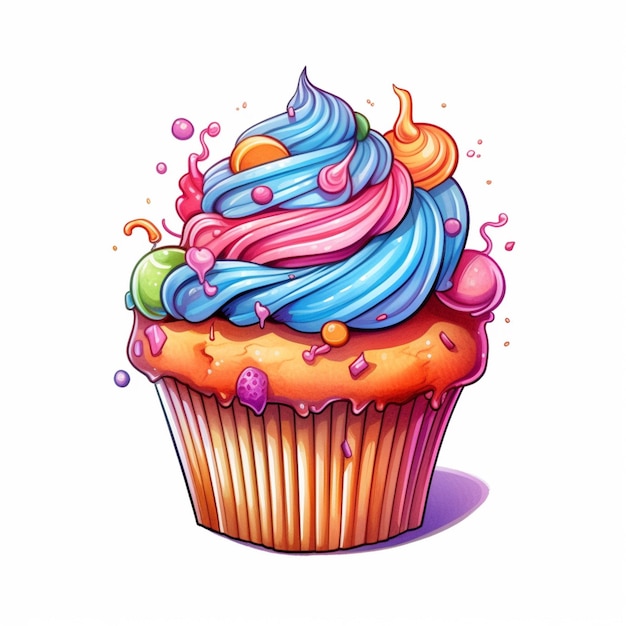 illustrazione di un cupcake con una glassa arcobaleno e spruzzate generative ai