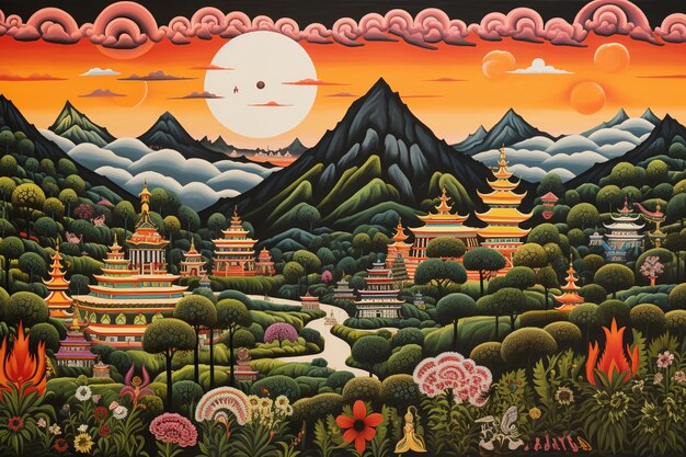 illustrazione di un dipinto ad olio di montagne e templi indiani