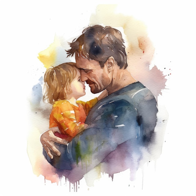Illustrazione di un dipinto di un padre e di un figlio che utilizza acquerelli colorati con espressioni