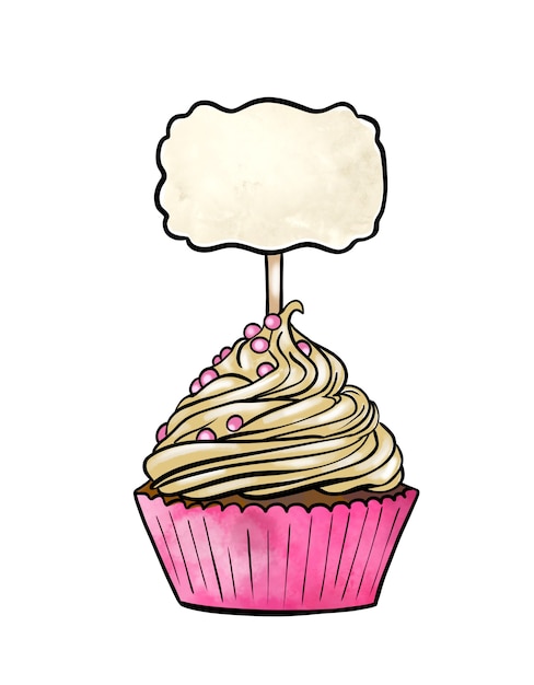 Illustrazione di un disegno colorato di cupcake alla crema di dolci con una lavagna per appunti su un bianco isolato