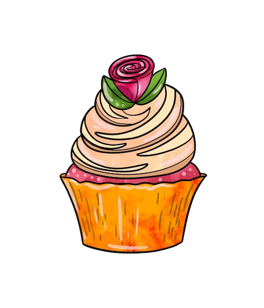 Illustrazione di un disegno colorato di dolci cupcake rosa con crema yellowbrown e decorato con a