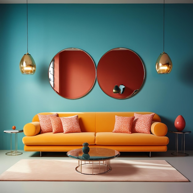 illustrazione di un divano arancione posto davanti a un muro blu con due
