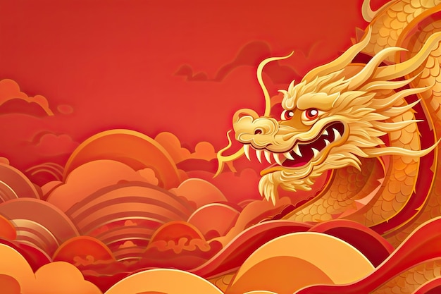 Illustrazione di un drago d'oro su uno sfondo rosso nello stile del Capodanno cinese