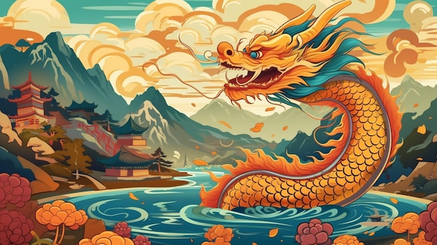 Illustrazione di un drago in un lago con montagne sullo sfondo generativo ai