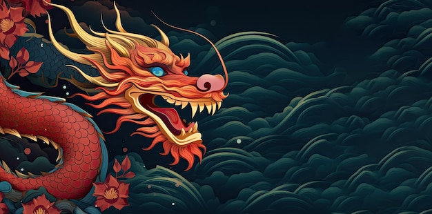 Illustrazione di un drago rosso su uno sfondo scuro nello stile del Capodanno cinese